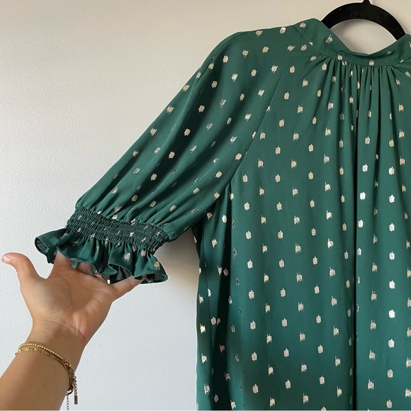 Ted Baker Jamiiee Puff Sleeve Foil Polka Dot Top Blouse Green Gold Size 5 Large - Picture 15 of 15